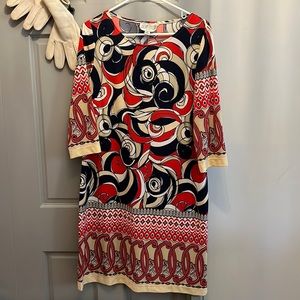 Size 14 Julian Taylor dress. Burnt orange, blue, and cream.